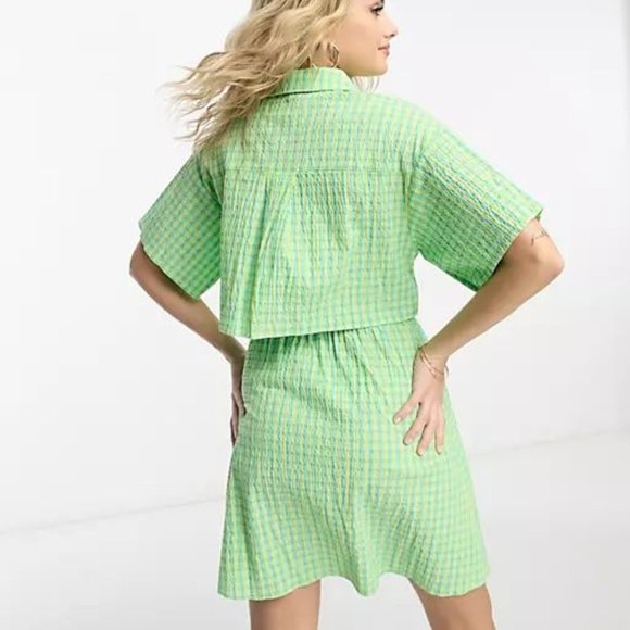 NWT ASOS DESIGN cut out back shirt mini dress with seersucker green and yellow c - Picture 3 of 5